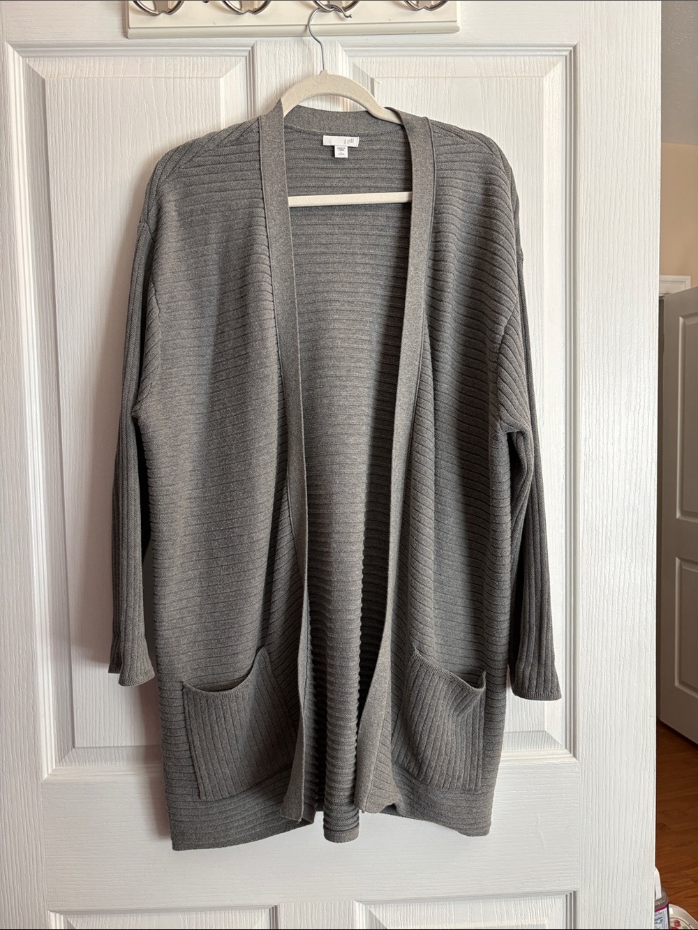 J Jill Gray Ribbed Open-Front Cardigan Sweater Petite L